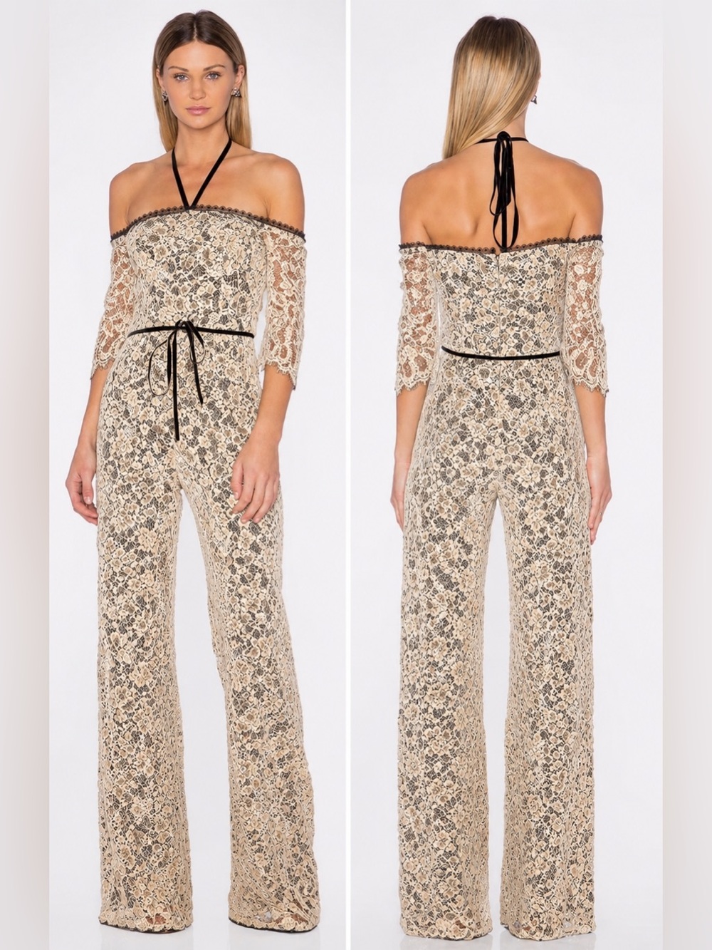 Alexis Floral Lace Wide-Leg Jumpsuit w/ Velvet Trim - Excellent condition (XS)